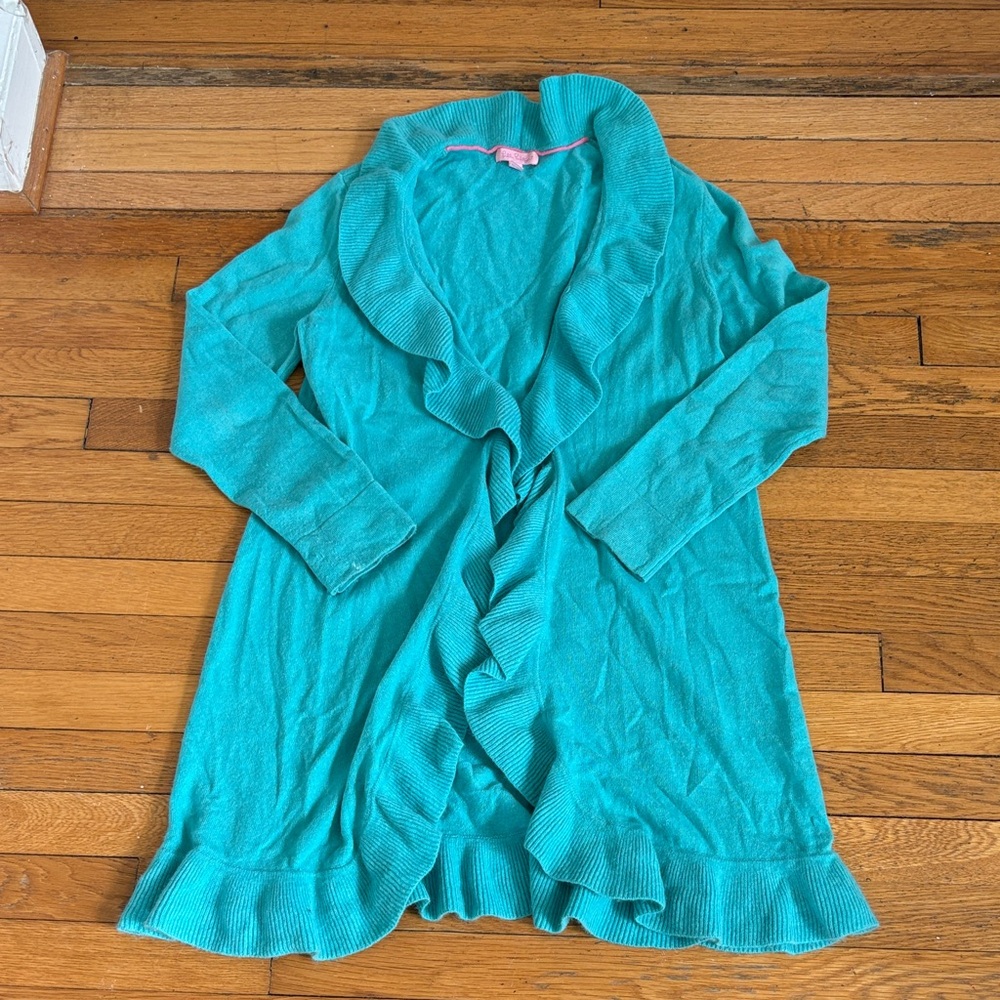 Lilly Pulitzer Teal Open Cardigan with Pink Trim